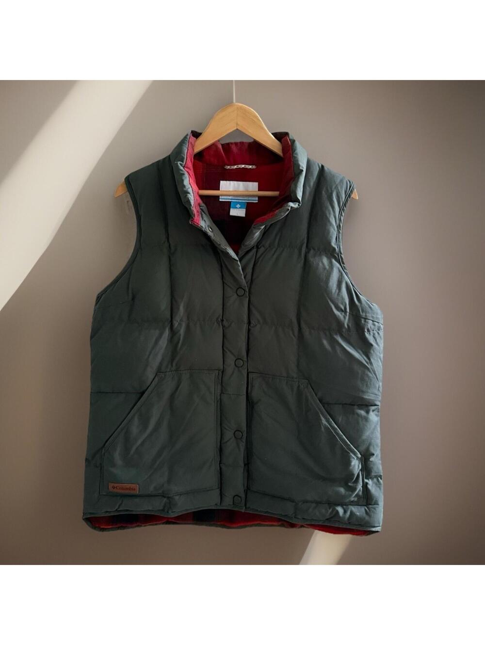 Columbia Puffer Vest L Gray Red Plaid Flannel Lined Snap Front Outdoor